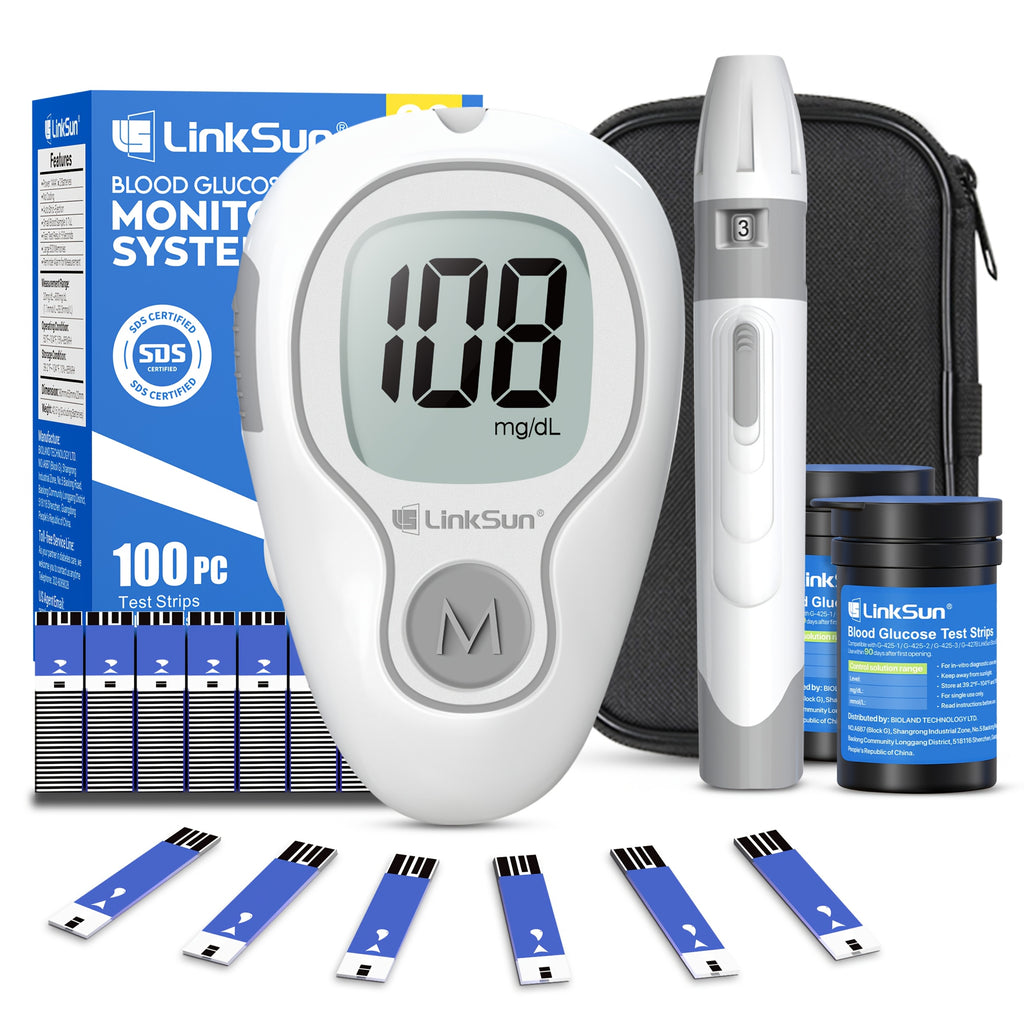 Kit BGMs 100 Bandelettes, 1 Moniteur de Glycémie, 1 Piqueur, Kit de Test de Diabète sans Codage pour Usage Domestique, Kit de Moniteur de Glycémie