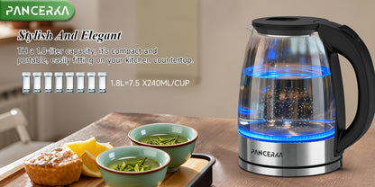 Bouilloire Électrique PANCERKA, Aucun Contact Plastique avec l'Eau, Large Ouverture pour un Nettoyage Facile, Arrêt Automatique, Bouilloire à Thé et à Eau Chaude 1,8 L, Chauffe-Eau et Théière, Noir, 1500W
