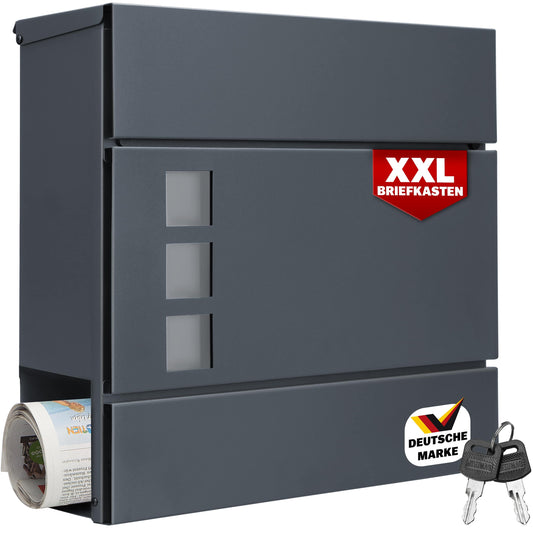 MONZANA® XXL Boîte aux Lettres avec Compartiment pour Journal, Verrouillable, 2 Clés Incluses - Matériel d'Assemblage en Acier Moderne et Simple – Mur à Rouleau de Papier Antracite