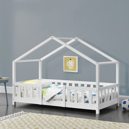 Lit pour enfants Treviolo de style maison avec protection contre les chutes en bois de pin
