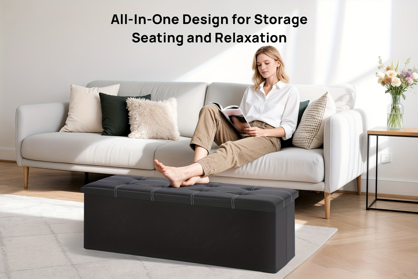 Tabouret de Rangement Pliable en Cuir à Double Couture, Matériau en Cuir Facile à Ranger, Grande Capacité de Charge Idéale pour S'asseoir, Tabouret de Changement de Chaussures pour Canapé, Banc de Rangement, Banc Long, Boîte Tabouret