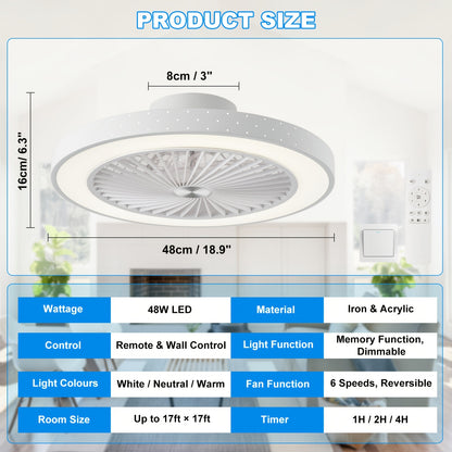 Plafonnier Ventilateur avec Lumière, Ventilateur, Lumières et Télécommande, 6 Vitesses, 3 Options de Couleur, 2 Modes de Contrôle, 6500K LED, Design Slim, Idéal pour Chambres, Salons, Salles à Manger, Cuisines et Bureaux