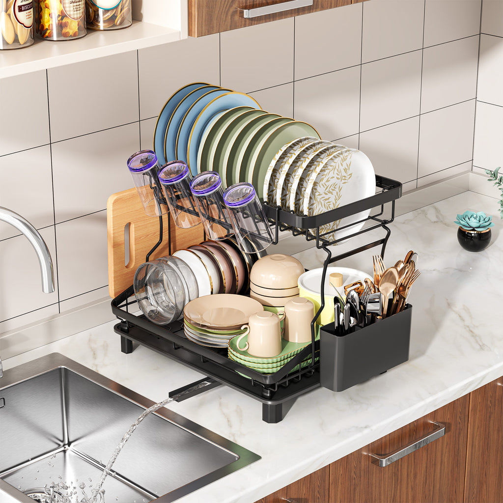 Égouttoir à vaisselle à 2 niveaux, égouttoir pour plan de travail de cuisine, avec tuyau de drainage réglable, équipé d'un boîtier à couverts, convient pour ranger assiettes, tasses et planches à découper