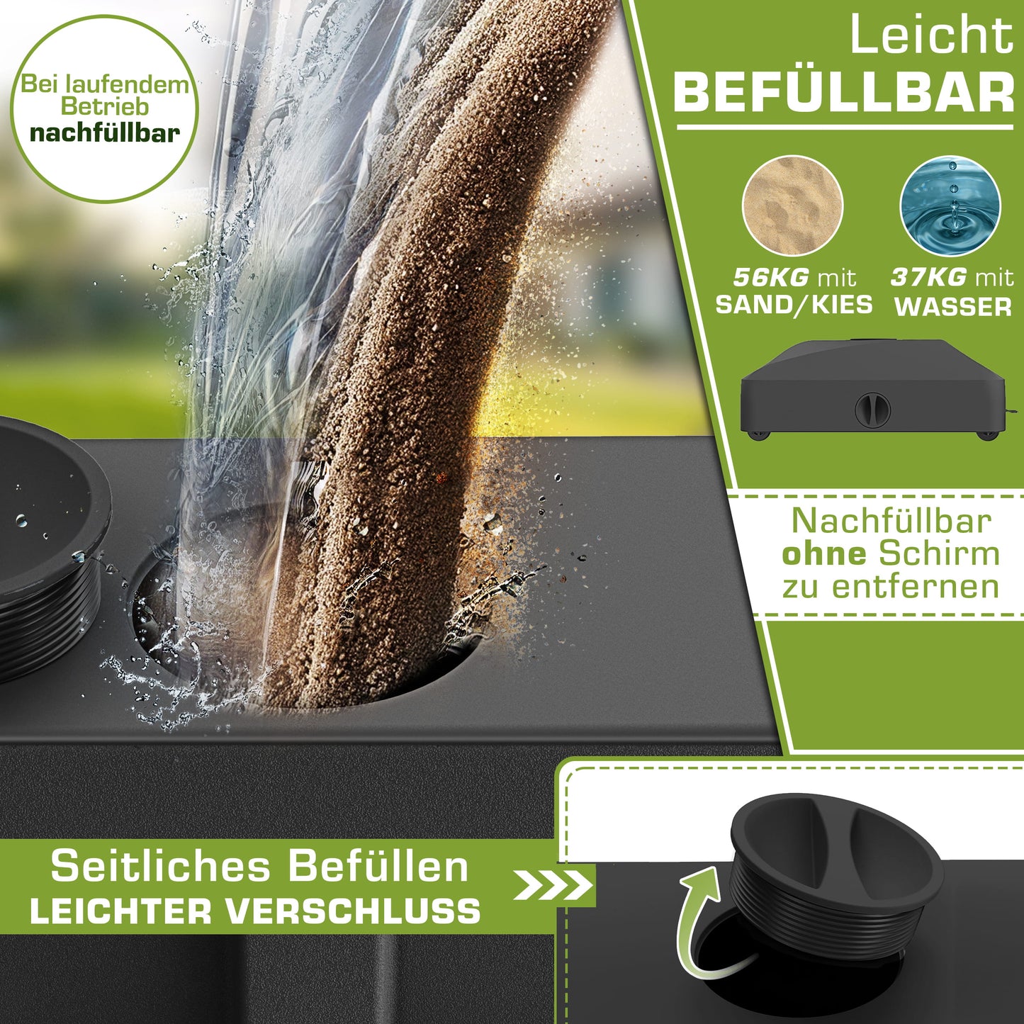Tillvex® Support de Parasol GRAVIA avec Roues et Freins | Support de Parasol Remplissable 37 Litres / 56 kg | Adapté aux Parasols de Soleil et de Marché Ø 1,8-3,7 m | Roulable, Résistant aux Intempéries et aux UV pour Balcon, Terrasse, Jardin, Petits et G