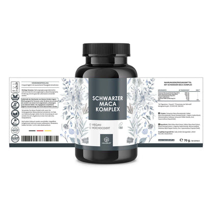 Gélules de Complexe de Maca Noir - Dose Élevée et Efficace - Extrait de Racine de Maca Noir 3000 mg, Extrait de Racine de Maca Jaune 2000 mg, Ginseng - Végan et Testé en Laboratoire - 180 Gélules