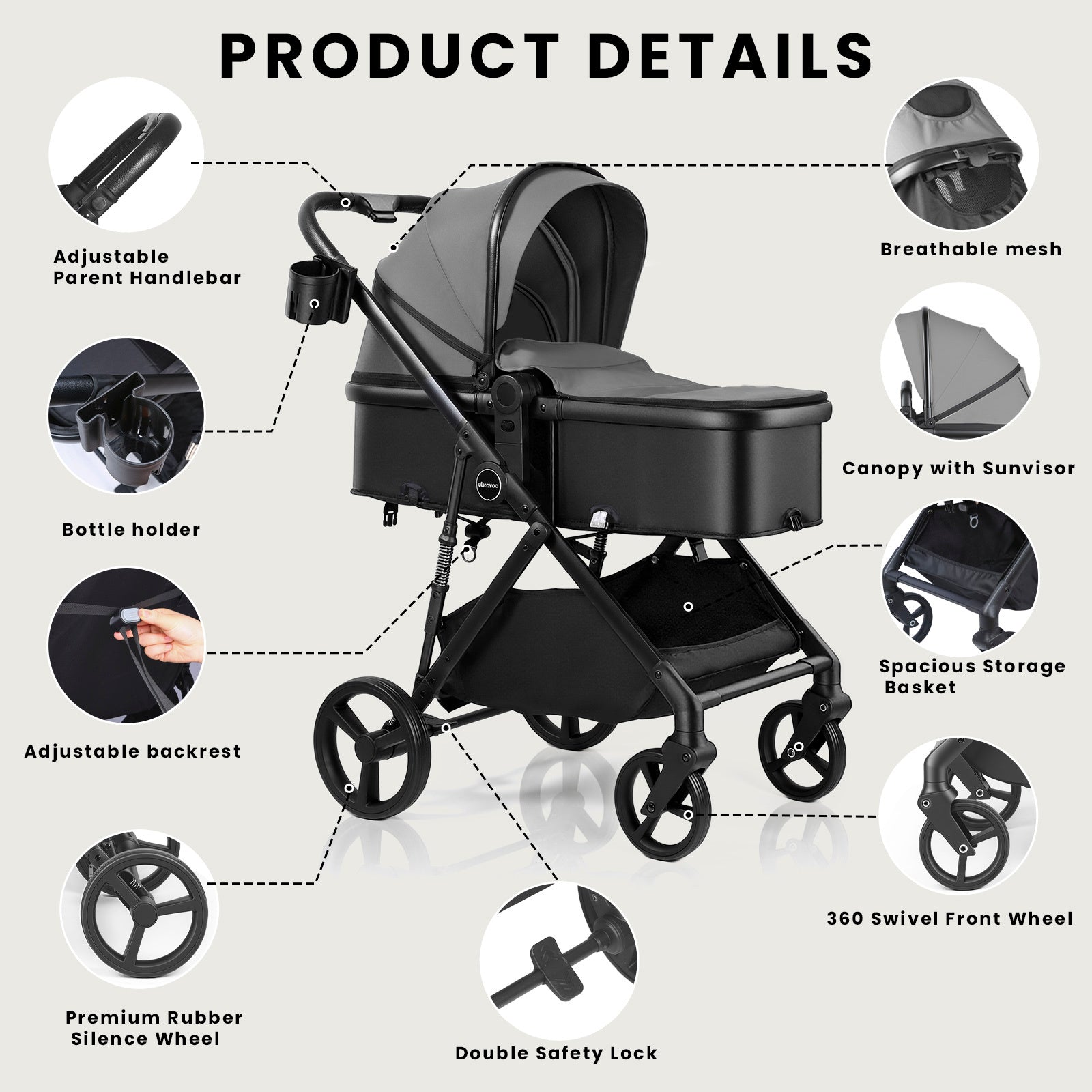 UBRAVOO Poussette 2-en-1, Poussette Pliable pour Nouveau-né avec Siège Réversible, Pare-soleil, Panier de Rangement Extra-Large, Porte-Gobelet, Harnais 5 Points, Siège Réglable, Conception Légère et Pliage à Une Main (Ne Convient Pas comme Porte-Bébé)