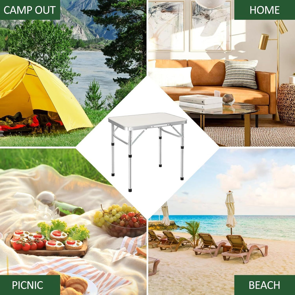 Table pliante 2 pieds robuste à hauteur réglable, table de camping portable avec poignée de transport, pour intérieur extérieur jardin fête BBQ 60x45x26/56 cm en aluminium, bureau BBQ pour cuisine extérieure