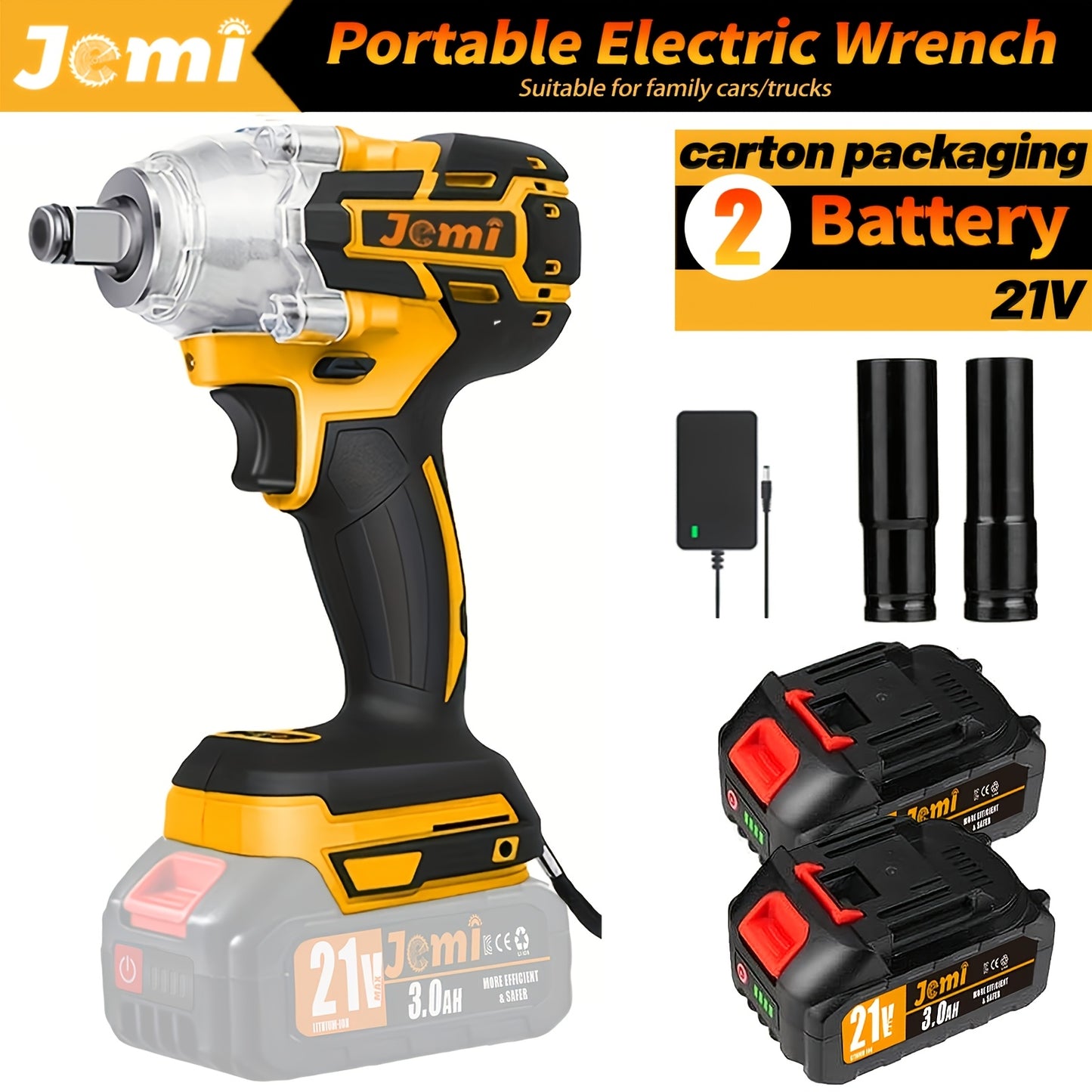 Jemi Tool 21V Clé à Choc sans Fil, Ensemble, Vitesse de 4500 RPM, Couple Élevé, Entraînement 1/2 Pouce, Livré avec Douille ou Adaptateur de Mandrin de Perceuse 13 mm, Batterie 3.0Ah, Chargeur Rapide, Disponible dans un Étui en Plastique, Idéal pour la Rép