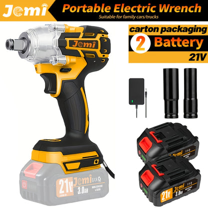 Jemi Tool 21V Clé à Choc sans Fil, Ensemble, Vitesse de 4500 RPM, Couple Élevé, Entraînement 1/2 Pouce, Livré avec Douille ou Adaptateur de Mandrin de Perceuse 13 mm, Batterie 3.0Ah, Chargeur Rapide, Disponible dans un Étui en Plastique, Idéal pour la Rép