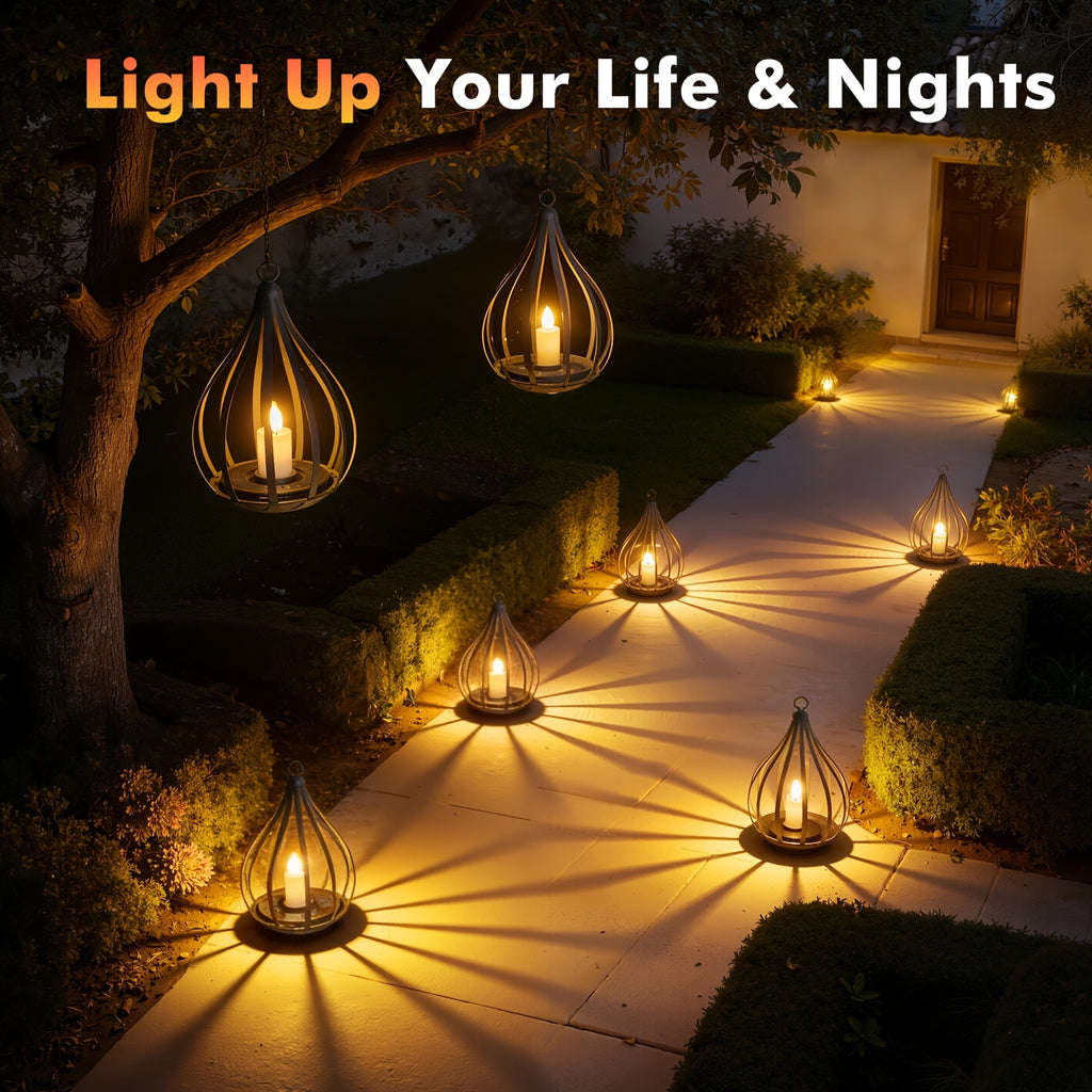 Lanternes suspendues solaires, lampes style bougie avec effet de clignotement LED, adaptées aux tables à manger, jardins, pelouses et décorations de fêtes en plein air, 1/2/4 pièces