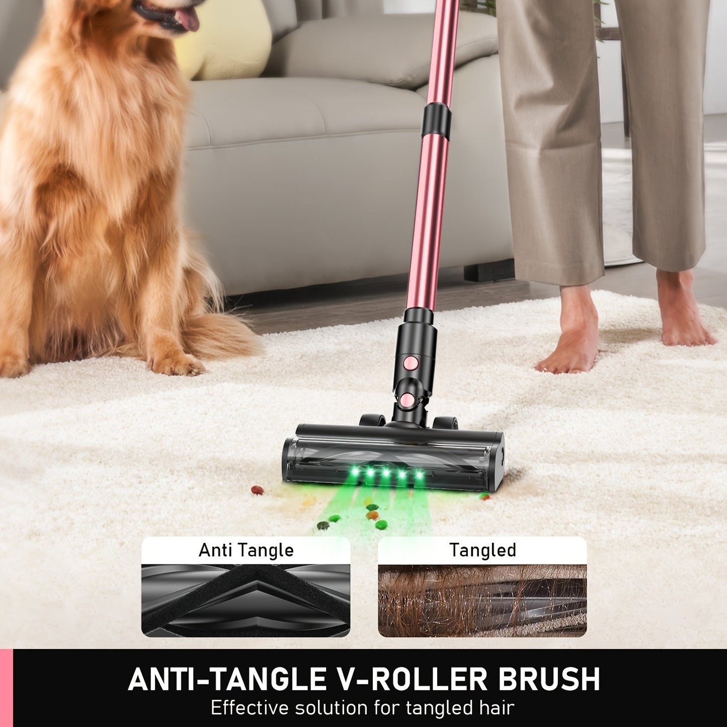 Aspirateur Balai Sans Fil Léger 10 en 1 à Haute Aspiration pour Animaux et Maison, Autonomie de 45 Minutes avec Tuyau Extra-long Amélioré, Brosses -nœuds, Lumière LED Verte pour Nettoyage de Sols, Tapis et Poils d'Animaux