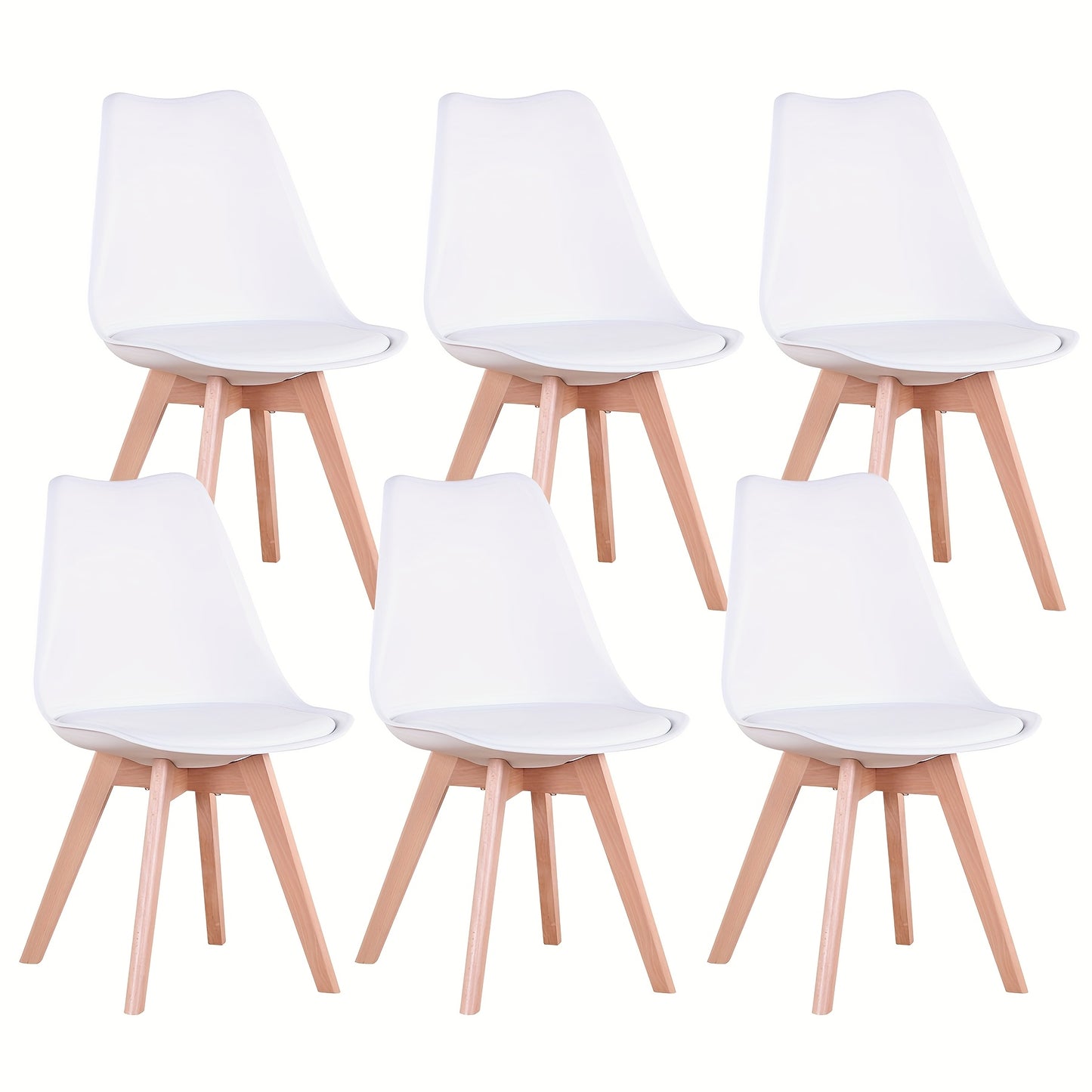 Ensemble de 6 chaises de salle à manger modernes du milieu du siècle, chaises de cuisine, chaises de bureau, chaise coquillage de designer avec coussins ergonomiques en similicuir et pieds en bois massif pour cuisine, salon, chambre à coucher, blanc