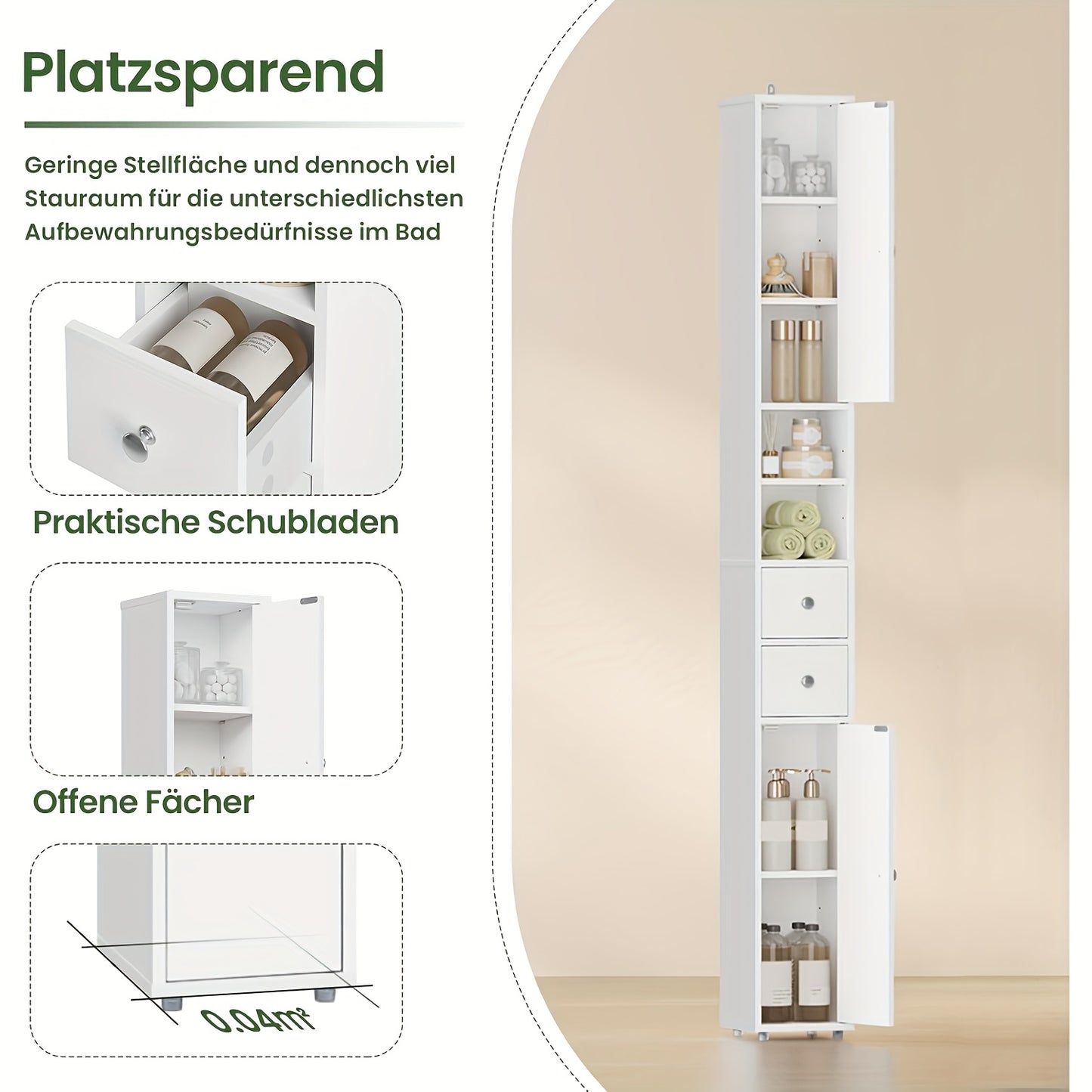 1pièce Armoire de salle de bain, Armoire de salle de bain étroite et haute avec tiroirs, Compartiments de meubles de salle de bain, Étagères ajustables, Portes, Blanc, MDF, 20 x 180 x 20 cm
