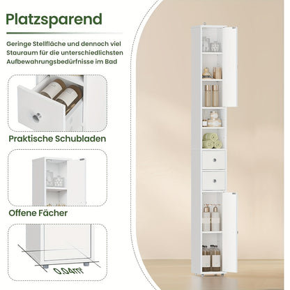 1pièce Armoire de salle de bain, Armoire de salle de bain étroite et haute avec tiroirs, Compartiments de meubles de salle de bain, Étagères ajustables, Portes, Blanc, MDF, 20 x 180 x 20 cm