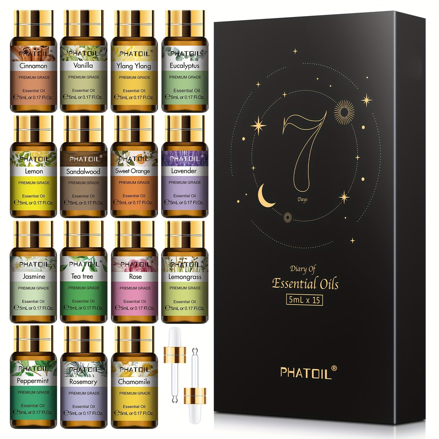 PHATOIL Kit Cadeau de 15 Huiles Essentielles 5ml/0.17fl.oz pour Diffuseurs, Humidificateurs, Fabrication de Bougies - Coffret Cadeau Parfait pour Amoureux, Famille, Amis - Cadeaux de Noël, Cadeaux de la Saint-Valentin, Cadeaux de Pâques, Cadeaux de la Fêt