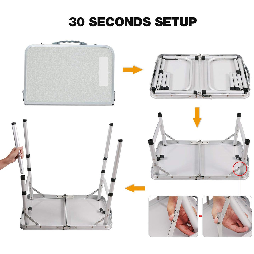 Table pliante 2 pieds robuste à hauteur réglable, table de camping portable avec poignée de transport, pour intérieur extérieur jardin fête BBQ 60x45x26/56 cm en aluminium, bureau BBQ pour cuisine extérieure