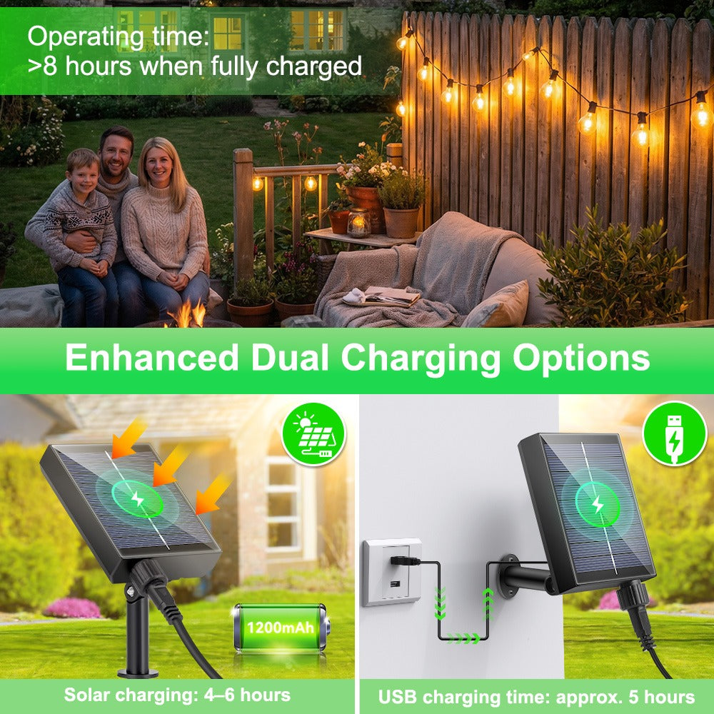 Guirlande Lumineuse Solaire d'Extérieur, 15,25M/20,13M/30,49M, Lumières LED pour Terrasse, Minuterie à Intensité Variable, 8 Modes d'Éclairage Réglables, Lumière Blanc Chaud Réglable, pour Jardin, Cour, Tonnelle, Porche, Fête, Mariage
