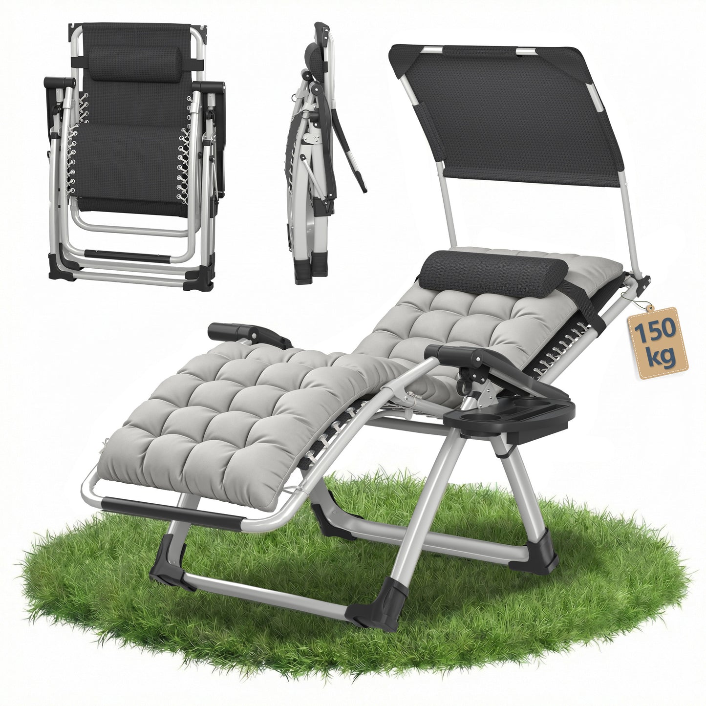 Lounge de soleil avec auvent, chaise longue pliable, très large, dossier réglable, coussin épaissi ergonomique, oreiller cervical, poches latérales, porte-gobelets, gris noir, gris clair, beige