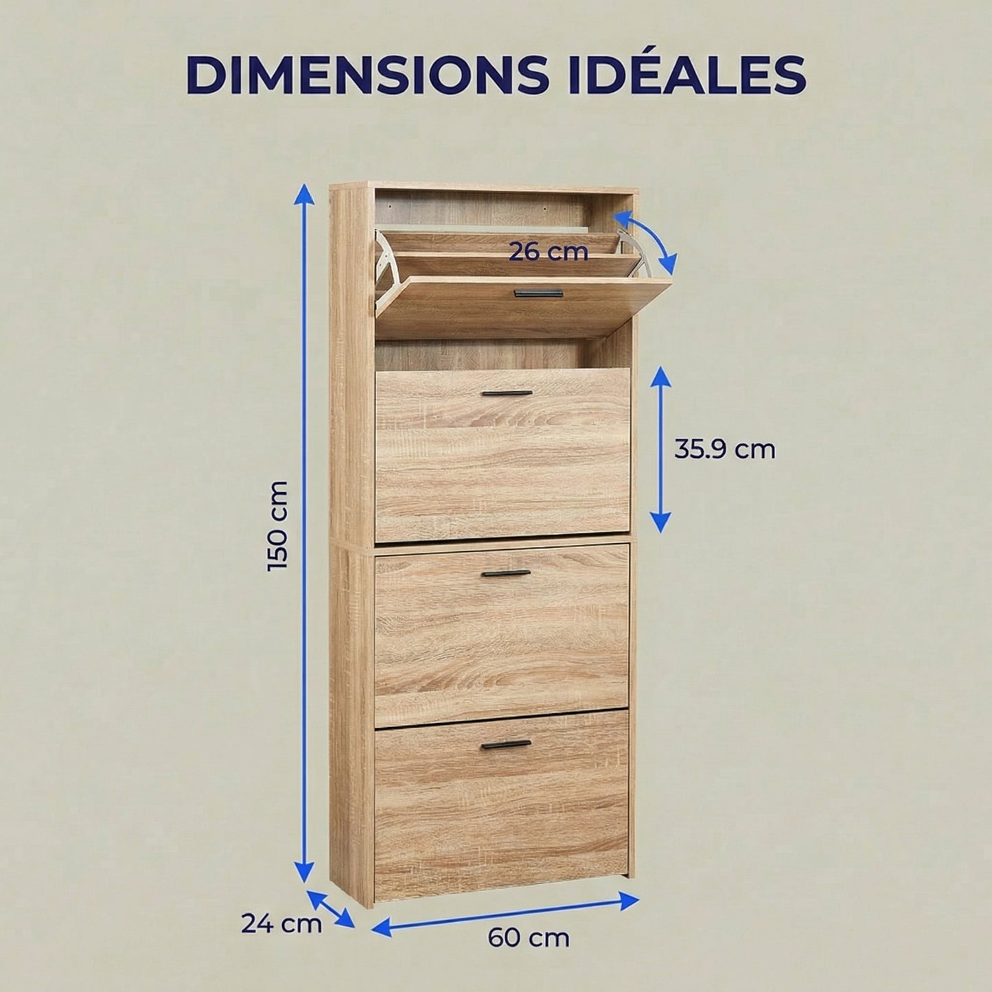 Meuble à chaussures avec 4 compartiments à rabat, armoire à chaussures en bois pour jusqu'à 24 paires, organisateur d'entrée peu encombrant