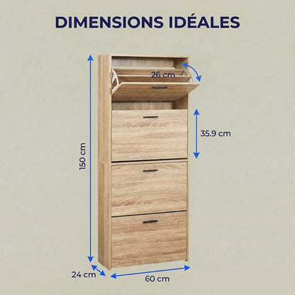 Meuble à chaussures avec 4 compartiments à rabat, armoire à chaussures en bois pour jusqu'à 24 paires, organisateur d'entrée peu encombrant