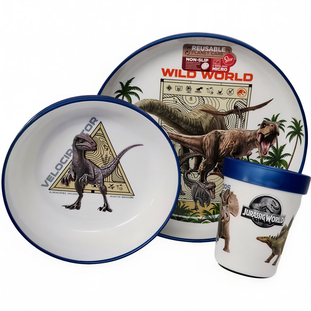 Ensemble de vaisselle réutilisable pour enfants, 2 couleurs - Ensemble de 3 pièces : Assiette, bol et tasse pour enfants et bébés avec base antidérapante - (Pour JURASSIC WORLD)