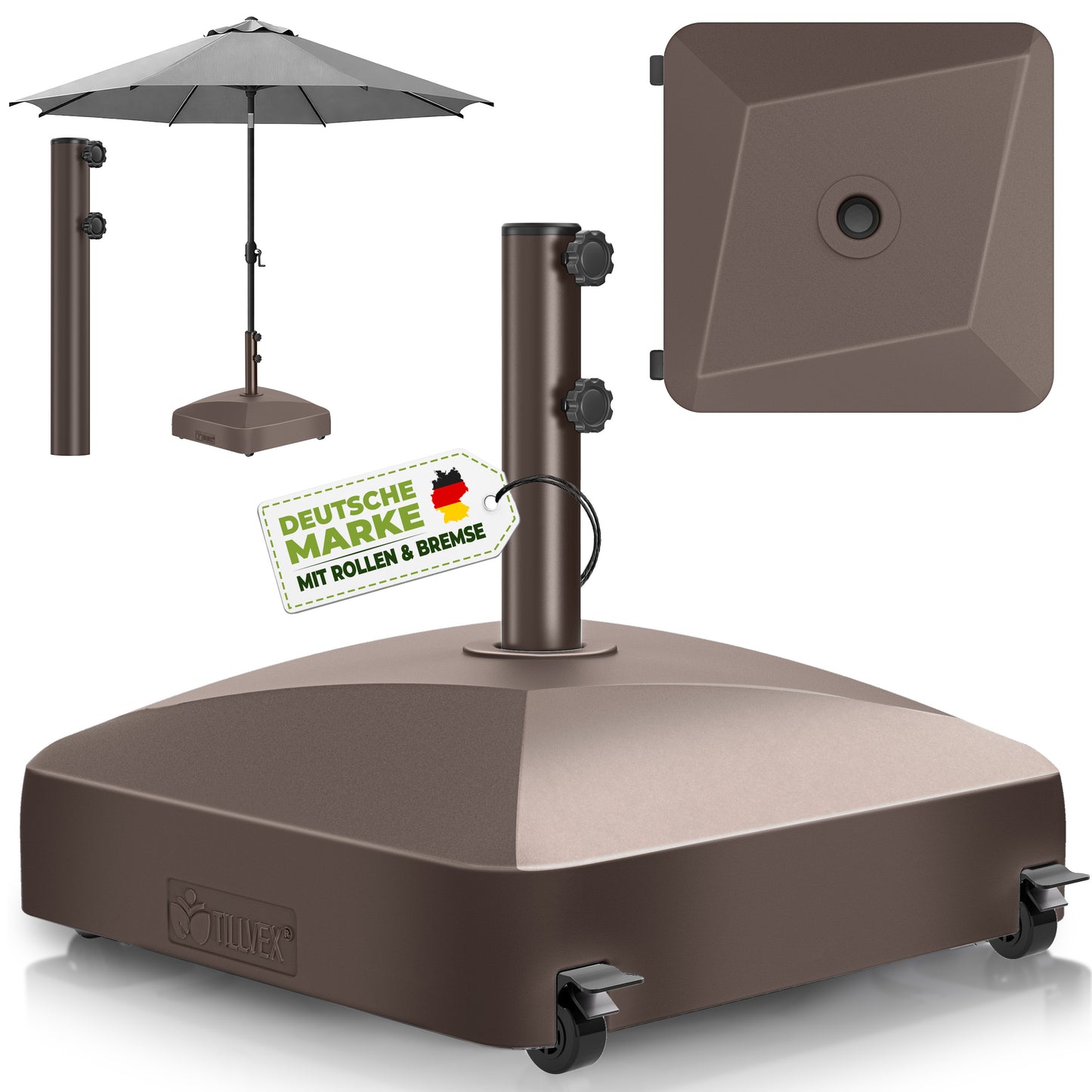 Tillvex® Support de Parasol GRAVIA avec Roues et Freins | Support de Parasol Remplissable 37 Litres / 56 kg | Adapté aux Parasols de Soleil et de Marché Ø 1,8-3,7 m | Roulable, Résistant aux Intempéries et aux UV pour Balcon, Terrasse, Jardin, Petits et G