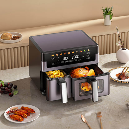 Friteuse à air 10/11L avec deux paniers flexibles, écran tactile numérique, 8 modes de cuisson, température réglable, fenêtre de visualisation, lavable au lave-vaisselle et technologie de cuisson saine pour les familles et la préparation des repas