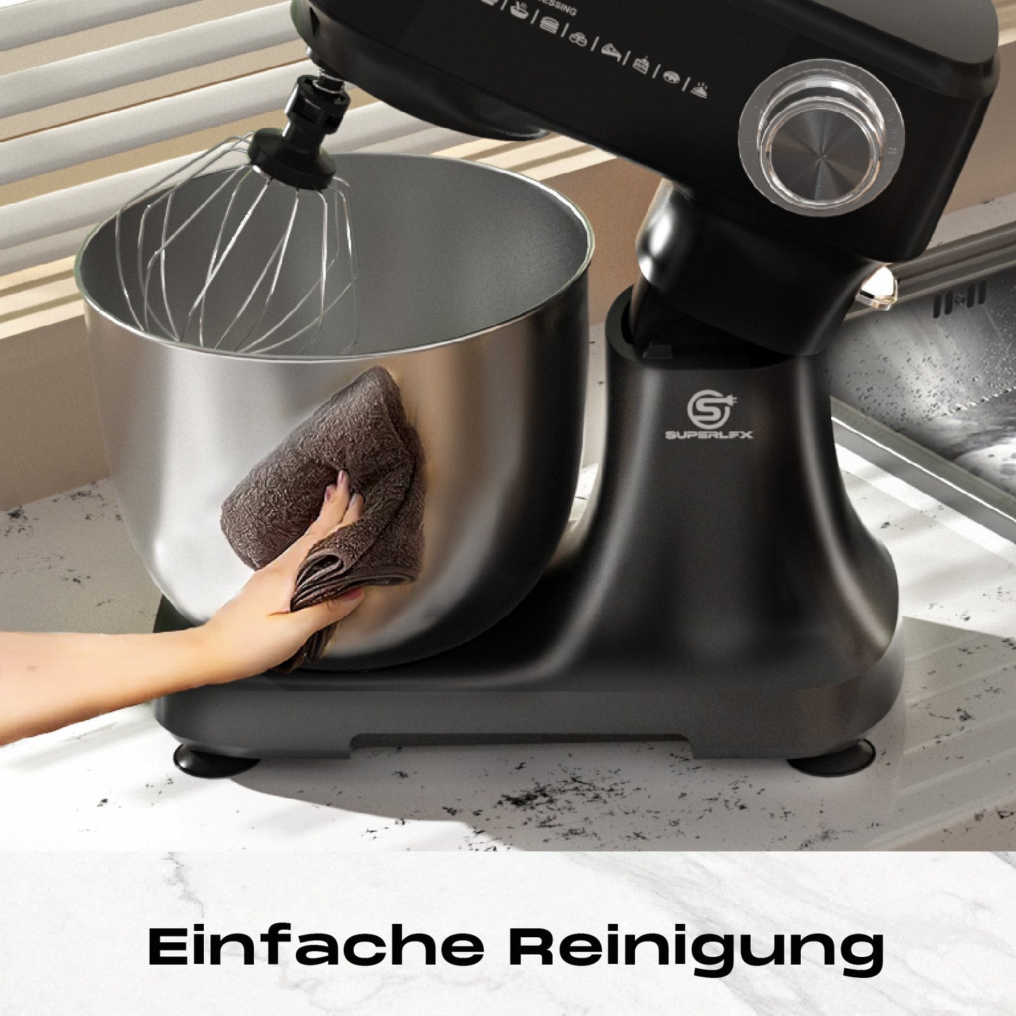 SUPERLEX Batteur de Cuisine 3-en-1 800W | Robot Culinaire 4.5L avec Fouet et Crochet à Pâte | Appareil de Pétrissage de Cuisine Polyvalent