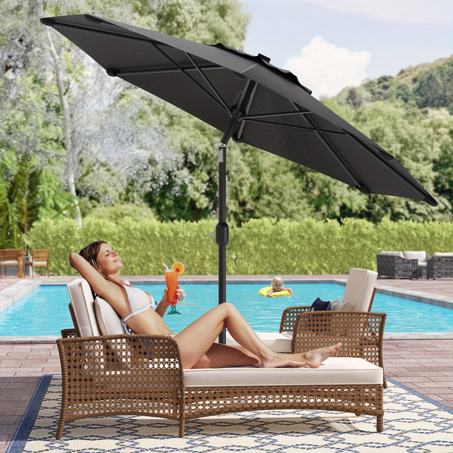 Parasol 300Cm, Parasol de Plage Extérieur, Protection Solaire UPF 50+, Inclinaison à 30° sur les Deux Côtés, Hauteur Réglable, Parasol de Marché, Parasol de Jardin avec Manivelle, Parasol de Balcon, Parasol de Patio pour Jardin, Balcon, Sans Support