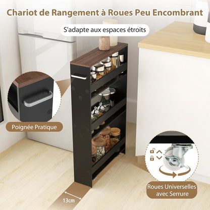 Trolley de rangement étroit à quatre niveaux, trolley de cuisine mobile étroit avec étagères ouvertes, compact pour la cuisine