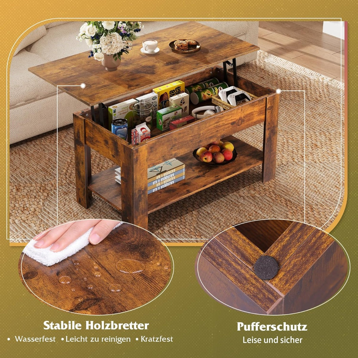 Table Basse Réglable en Hauteur avec Étagère, Table de Salon Rectangulaire avec Espace de Rangement Ouvert et Caché, Table de Salon pour Salon, Chambre à Coucher