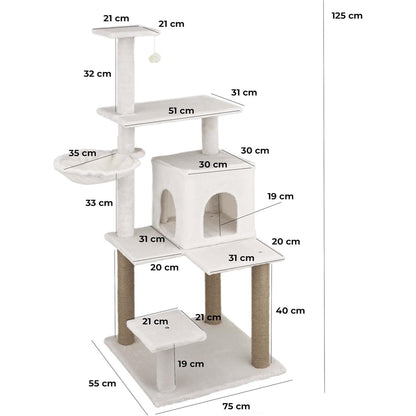 Baroni arbre à gratter pour chat en couleur marron | crème | gris 75X22X49 pouces (ou 75X55X49 pouces), arbre à gratter pour chaton, 4 niveaux avec hamac à balle et lit rectangulaire, jouet interactif pour chats et chatons pour une utilisation en intérieu