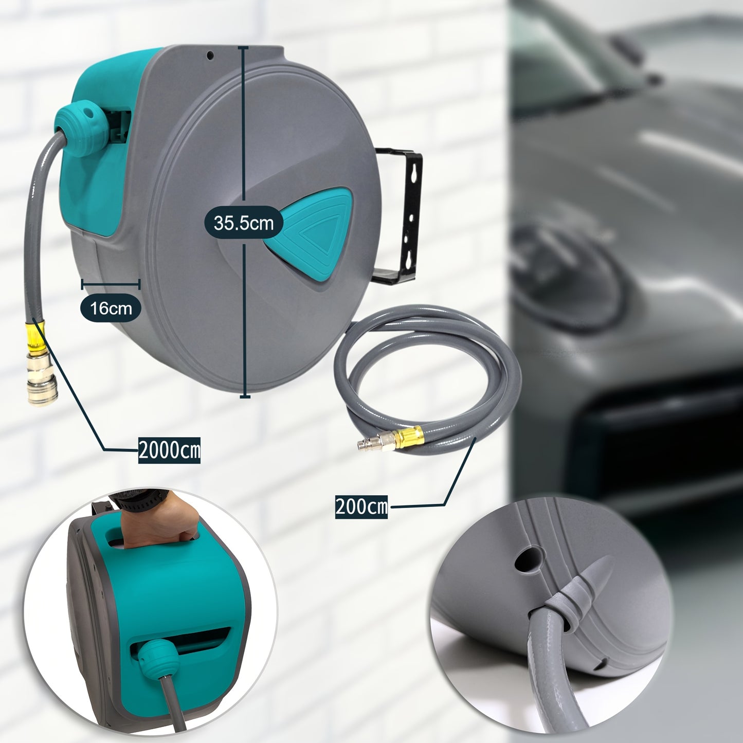 Bobine à tuyau d'air comprimé automatique 10/20 m, raccord 1/4 de pouce, support mural pour tuyau, gris, pour stations de réparation automobile