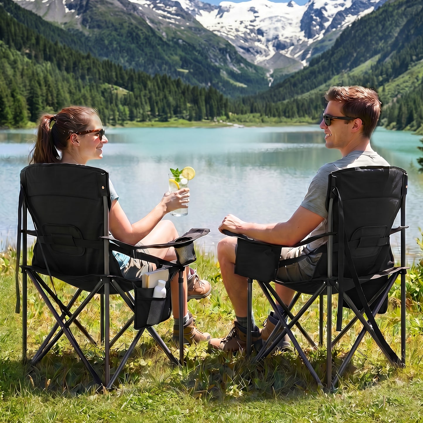 Chaise de camping, capacité 220 kg, chaise de camping pliante avec sac isotherme, porte-gobelet, sac de transport, dossier haut, confortablement rembourrée, chaise de pêche, chaise pliante pour jardin, balcon, plage, noir et vert/noir et gris/noir et oran