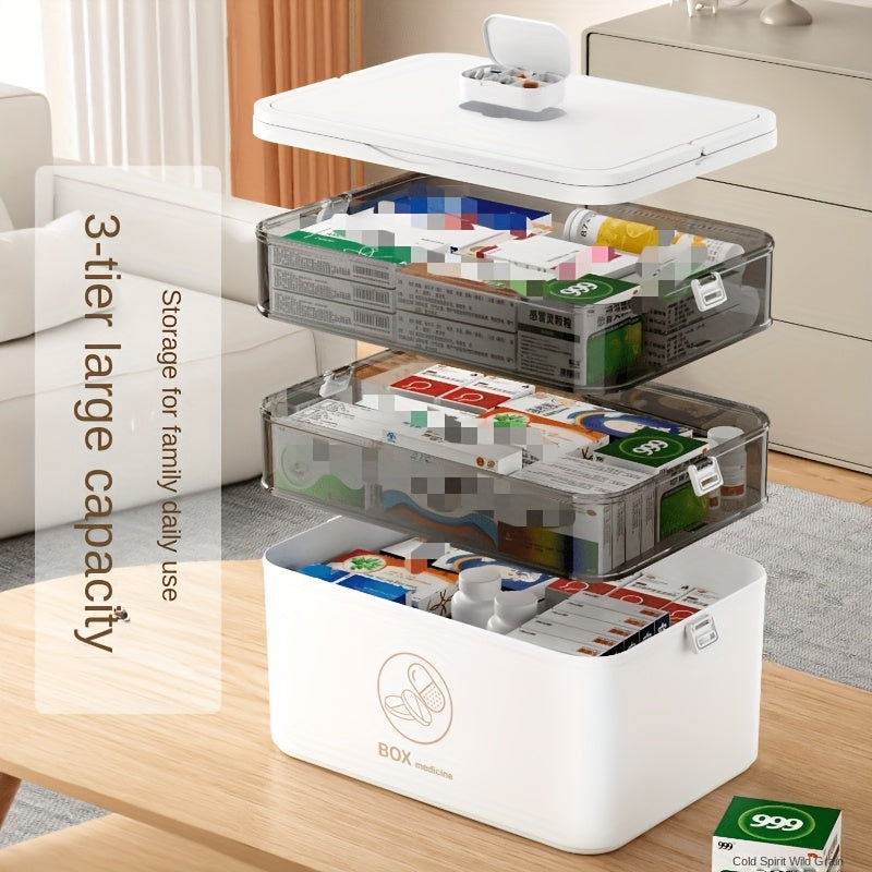 Boîte à médicaments familiale empilable à 3/4 niveaux - Grand organisateur de médicaments de haute qualité avec fenêtre observable, plastique épaissi, couvercle à rabat sécurisé pour la maison, le dortoir, le bureau et les voyages, boîte de rangement pour