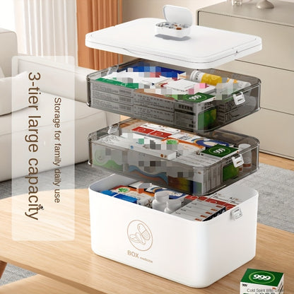 Boîte à médicaments familiale empilable à 3/4 niveaux - Grand organisateur de médicaments de haute qualité avec fenêtre observable, plastique épaissi, couvercle à rabat sécurisé pour la maison, le dortoir, le bureau et les voyages, boîte de rangement pour
