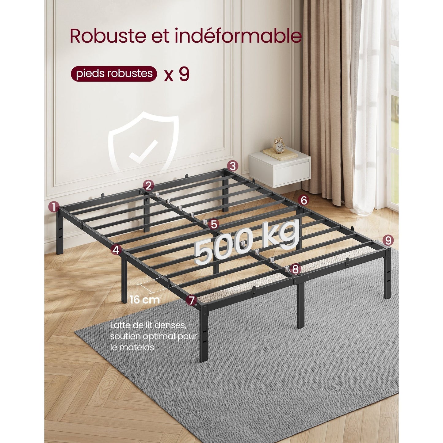 Cadre de Lit 140 x 190 avec Sommier Métal, Cadre en Métal, lit double, Espace de Rangement au Dessous, Moderne, Lit d'Invité, Montage Facile