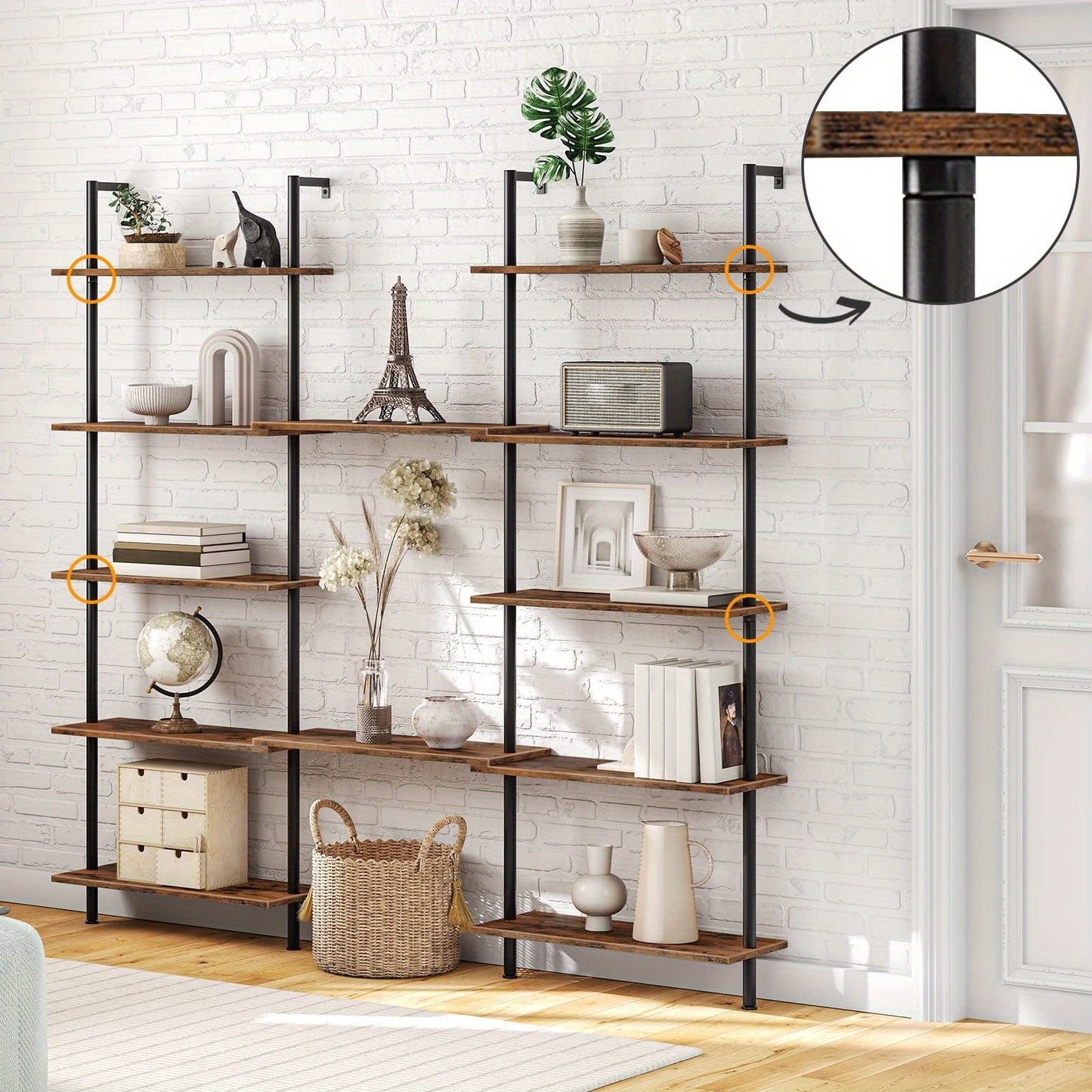 Étagère à 6 niveaux à monter soi-même, Étagère échelle industrielle, Unité d'étagères en panneaux de particules, Étagère verticale sur pied, avec cadre métallique stabilisateur, pour bureau à domicile, salon, Marron foncé