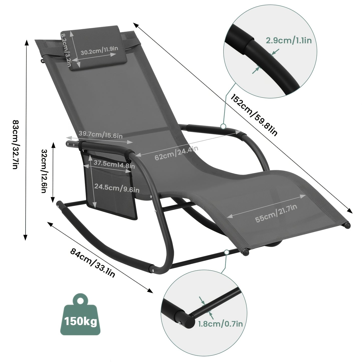 Chaise à bascule de jardin Chaise de jardin Meuble d'extérieur Balançoire simple pour balcon et jardin Fauteuil de repos polyvalent avec rangement en gris et noir, chaise de loisirs amovible avec oreiller tête, capacité de charge élevée jusqu'à 150 kg ada