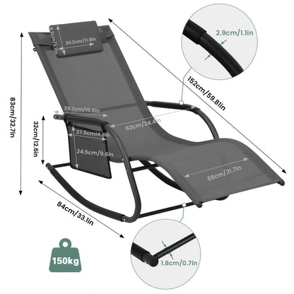 Chaise à bascule de jardin Chaise de jardin Meuble d'extérieur Balançoire simple pour balcon et jardin Fauteuil de repos polyvalent avec rangement en gris et noir, chaise de loisirs amovible avec oreiller tête, capacité de charge élevée jusqu'à 150 kg ada