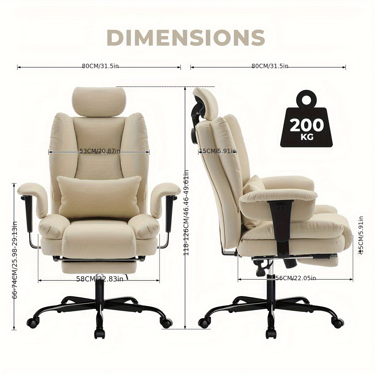 Chaise de Bureau Ergonomique 200kg, Fauteuil d'Ordinateur avec Support Lombaire et Pouf, Chaise Haute Dossier Élevable pour Table Bureaux Noir