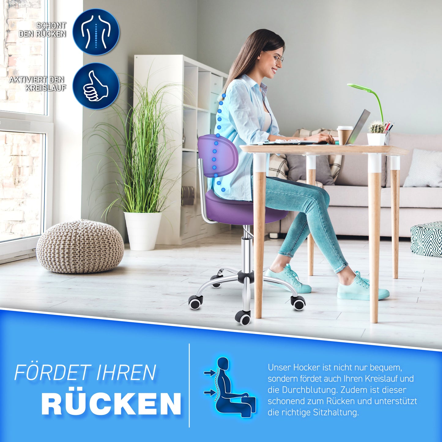 Tabouret Escalier TRESKO® avec Dossier 150 Kg | Tabouret de Travail Réglable en Hauteur 47-60 Cm | Tabouret Pivotant avec Roulettes | Tabouret Chaise de Bureau Chaise Pivotante