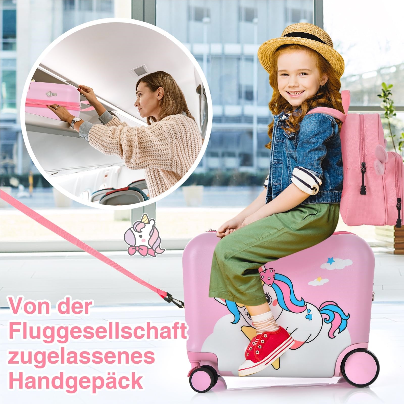 Ensemble valise + sac à dos pour enfants 2 pièces, valise à roulettes et coque rigide 12"+18" pour enfants, bagage pour enfants, valise à roulettes avec sac à dos pour garçons et filles (Licorne)