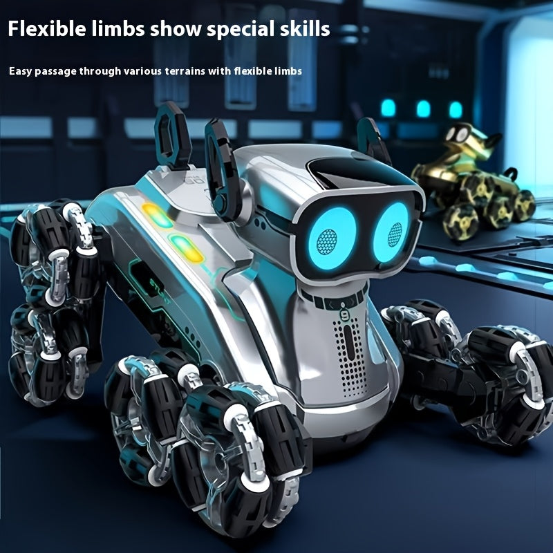 Robot Chien pour Animaux de Compagnie à 8 Roues Améliorées, Voiture de Cascade Intelligente pour Chien, Voiture d'Escalade Déformable à Double Contrôle par Gestes, Véhicule Tout-Terrain Jouet, Batterie à Double Alimentation, Cadeau de Vacances Préféré