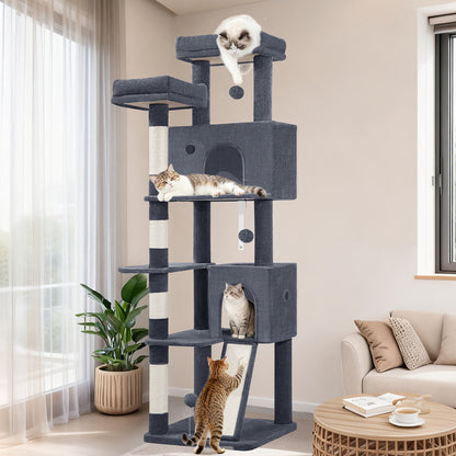 Fobyfurny Arbre à Chat Tour, Arbre à Chat 178cm pour Chats d'Intérieur, Cadre d'Escalade pour Chat Multi-Niveaux avec Griffoirs, Planche à Gratter, 2 Condos Confortables, 2 Perchoirs, Pompons, Place de Repos
