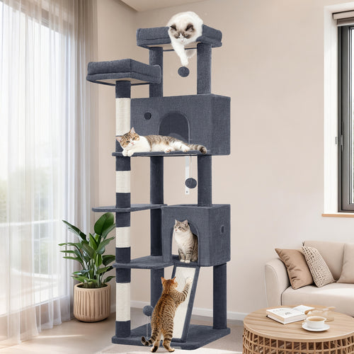 Fobyfurny Arbre à Chat Tour, Arbre à Chat 178cm pour Chats d'Intérieur, Cadre d'Escalade pour Chat Multi-Niveaux avec Griffoirs, Planche à Gratter, 2 Condos Confortables, 2 Perchoirs, Pompons, Place de Repos