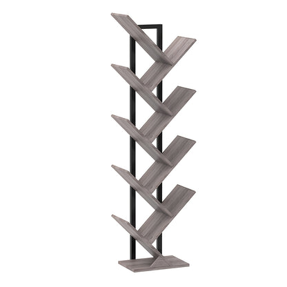 Étagère, Bibliothèque verticale à 9 niveaux, Support DVD en bois, Forme d'arbre, Cadre en métal, Convient pour salon, bureau, chambre à coucher, Marron vintage
