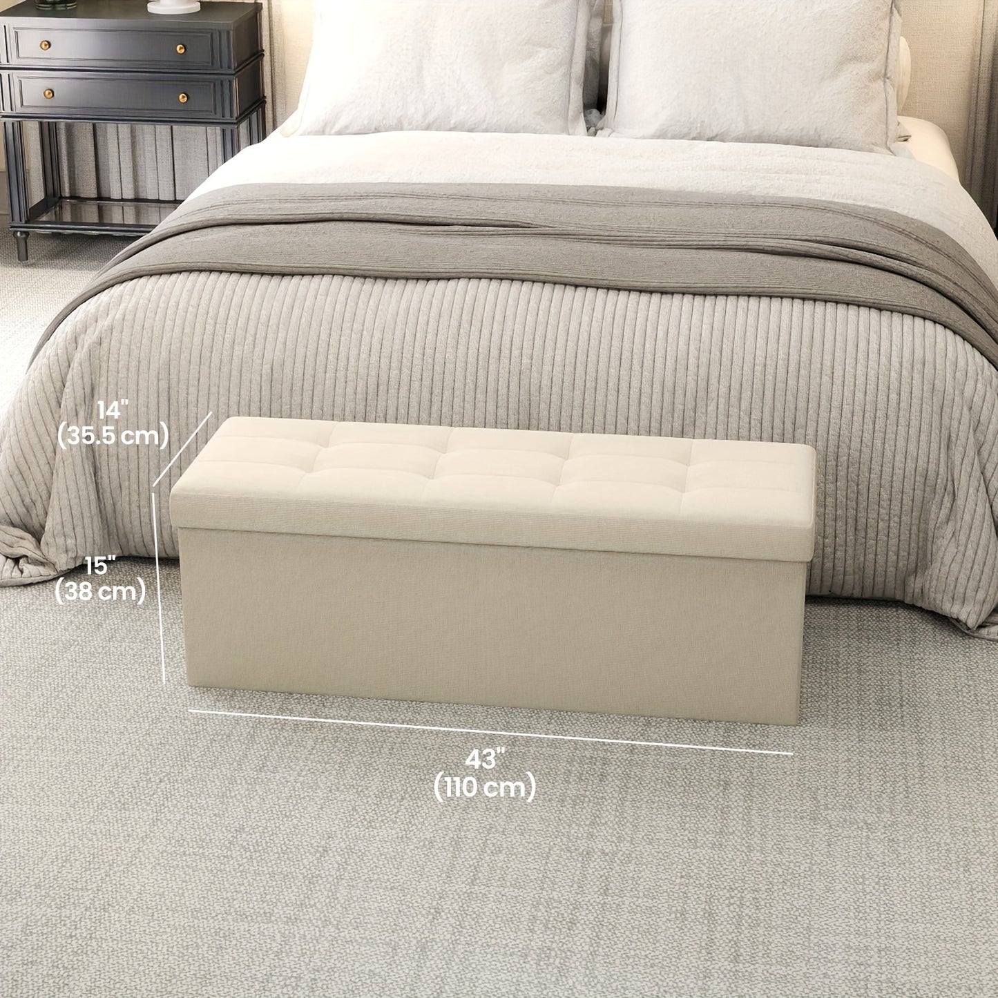 Banquette de Rangement Pliante, 38 x 110 x 38cm, Appui-pieds pour Lit, Coffre à Rangement, Supporte jusqu'à 300kg, pour Salon, Chambre, Entrée