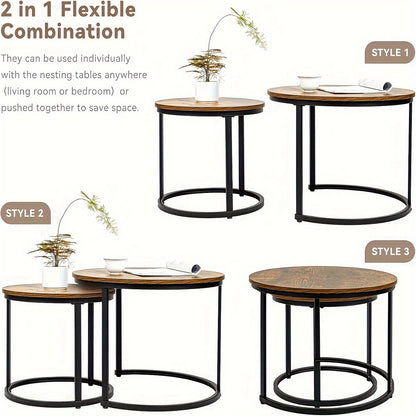 Ensemble de 2 tables gigognes rondes modernes avec cadre et plateau en placage stratifié - Gain de place, convient pour tables basses de salon, chambre, balcon, meubles rétro à assembler pour petits espaces (assemblage requis)