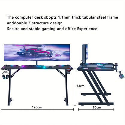 Bureau de Gaming avec Éclairage LED et Tapis de Souris, Grand Bureau Ergonomique pour Ordinateur avec Porte-Gobelet, Crochet pour Casque, Design Moderne en Fibre de Carbone pour PC Gaming & Bureau à Domicile, Noir